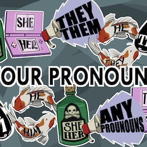 Peut inclure: Un ensemble d'autocollants colorés avec différentes options de pronoms, notamment "Elle/Elle", "Il/Il", "Iel/Iel" et "Tous les pronoms". Les autocollants sont disposés autour des mots "Vos pronoms" en lettres noires grasses.