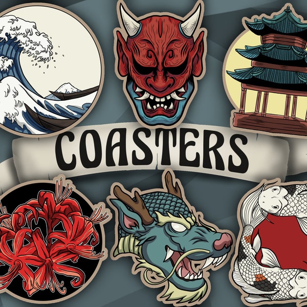 Dessous de verre en bois - Coasters - Old tattoo design - Style Japonais - Poisson - Fleurs - Vague - Masque - Dragon - Bâtiment