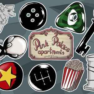 Stickers autocollants - Inspiré de l'univers de Coraline  // clef, bouton, pop-corn, bague, souris / 10 design