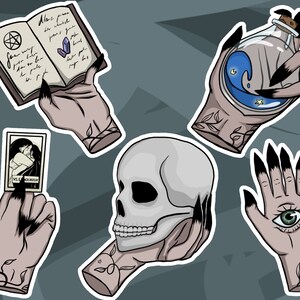 Stickers autocollants holographiques magiques - Main de sorcière - Crâne / Potion magique / Grimoire / Carte / Œil