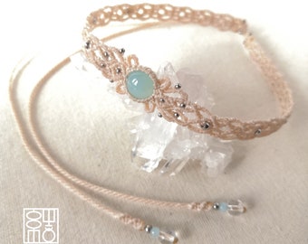 Sea blue chalcedony macrame choker, macrame choker, chalcedony macrame necklace, head necklace, macrame jewelry, macrame with stone