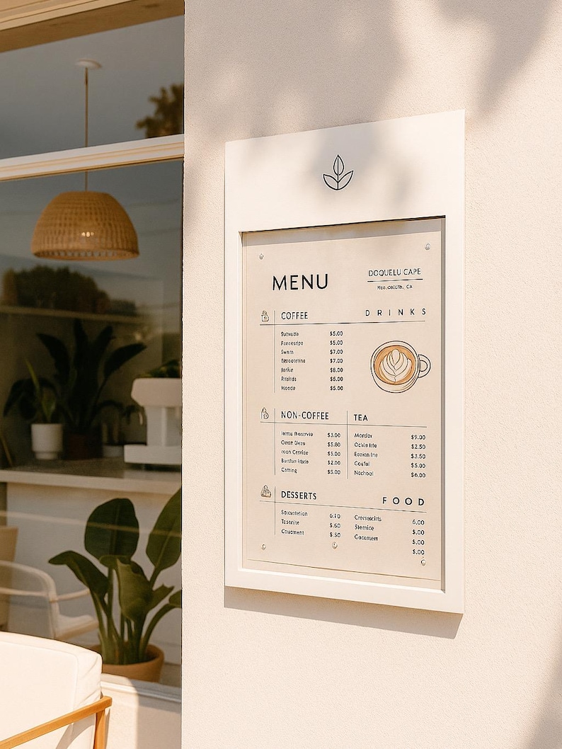 Magnetic menu display box installed outdoors under a canopy at restaurant entrance