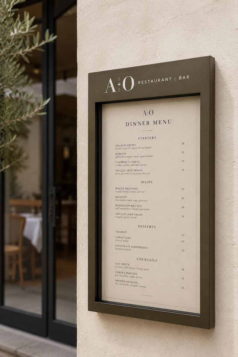 May include: A dark olive green rectangular menu display case mounted on a light beige wall. The sign features the text A+O RESTAURANT | BAR at the top and displays a printed dinner menu with sections for starters, mains, desserts, and cocktails.
