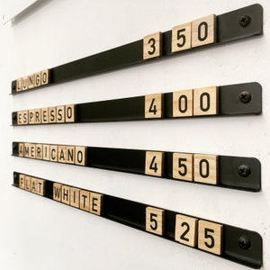 Conjunto de 200 letras magnéticas e barras de metal - Alfabeto de madeira e números para parede de cardápio ou mensagens - Menu mutável - Exibição de cardápio de café