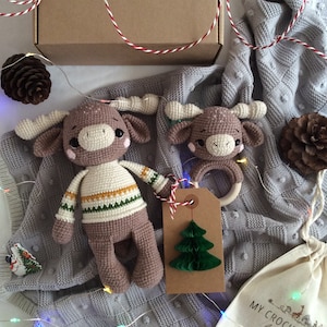 Crochet Christmas gift for newborn baby. Baby’s First Christmas present. Crochet Moose rattle and doll gift set. Stuffed Reindeer for Xmas