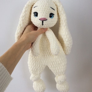 Long ears bunny Snuggler. Crochet plush Rabbit lovey. Stuffed bunny plush toy. Ecru - milky color Bunny. Large Bunny security blanket.