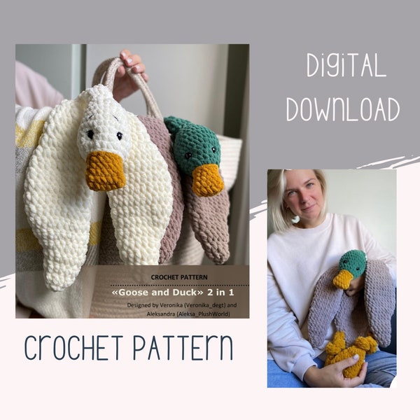 2in1 Crochet Mallard Duck | Goose PATTERN. Amigurumi Plush lovey PDF download. Baby comforter. Crochet Stuffed Animal Snuggler pattern.