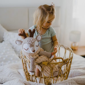 Stuffed deer for the baby first birthday gift. 1 year old boy and girl gift. Unique personalized amigurumi plush animal.