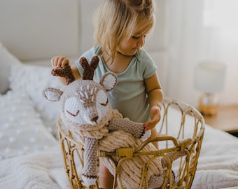 Stuffed deer for the baby first birthday gift. 1 year old boy and girl gift. Unique personalized amigurumi plush animal.