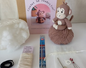 DIY Crochet kit for a cute little monkey toy or keychain. Craft project amigurumi stuffed animal. Gift for crocheter. Crochet gift box.