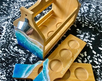 Ocean Bottle Caddy with Opener, Drink Holder for Beer, Resin Art, Thanksgivings Gift