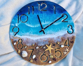 12” Ocean Clock, Handmade Resin Clock, Beach Clocks, House Warming Gift, Thanksgivings Gift