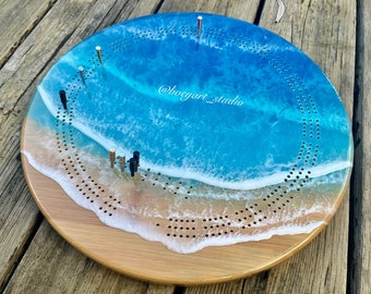 Ocean Cribbage Board, Turtle Cribbage Board, 3 Player Cribbage, Lazy Susan, Handmade Gaming Set, House warming Gift