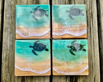 Ocean Coaster Set, Turtle Coaster, House Warming Gift, Set of 4