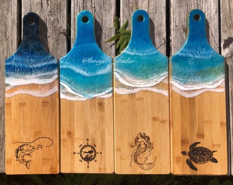 Ocean Surfboard Serving Board, Personalized Laser Engraving, Made-to-Order