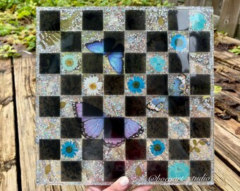 Flower Chess Board: Handmade Resin Art, Butterfly Decor (12.2”)