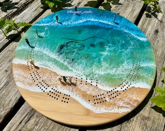 14‘’ Ocean Cribbage Board, Fishing Cribbage Board, 3 Player Cribbage, Lazy Susan, House warming Gift