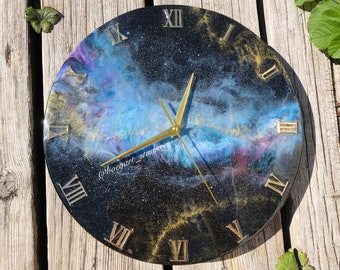 Black Galaxy Clock, Handmade Resin Clock, House Warming Gift