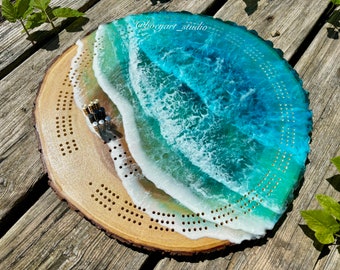 Ocean Cribbage Board, Live Edge Cribbage Board, 3 Player Cribbage, House warming Gift