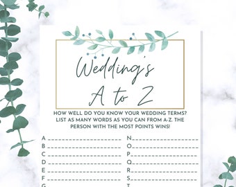 Weddings A to Z bridal shower game, instant download bridal shower game, bridal shower printable game, green and gold shower game, greenery