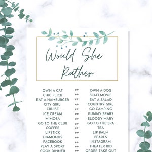 Would she Rather bridal shower game, instant download bridal shower game, bridal shower printable game, green and gold shower game, greenery