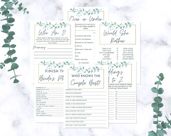 Bridal Shower game bundle, instant download bridal shower games, bridal shower printable games, green and gold shower games, greenery