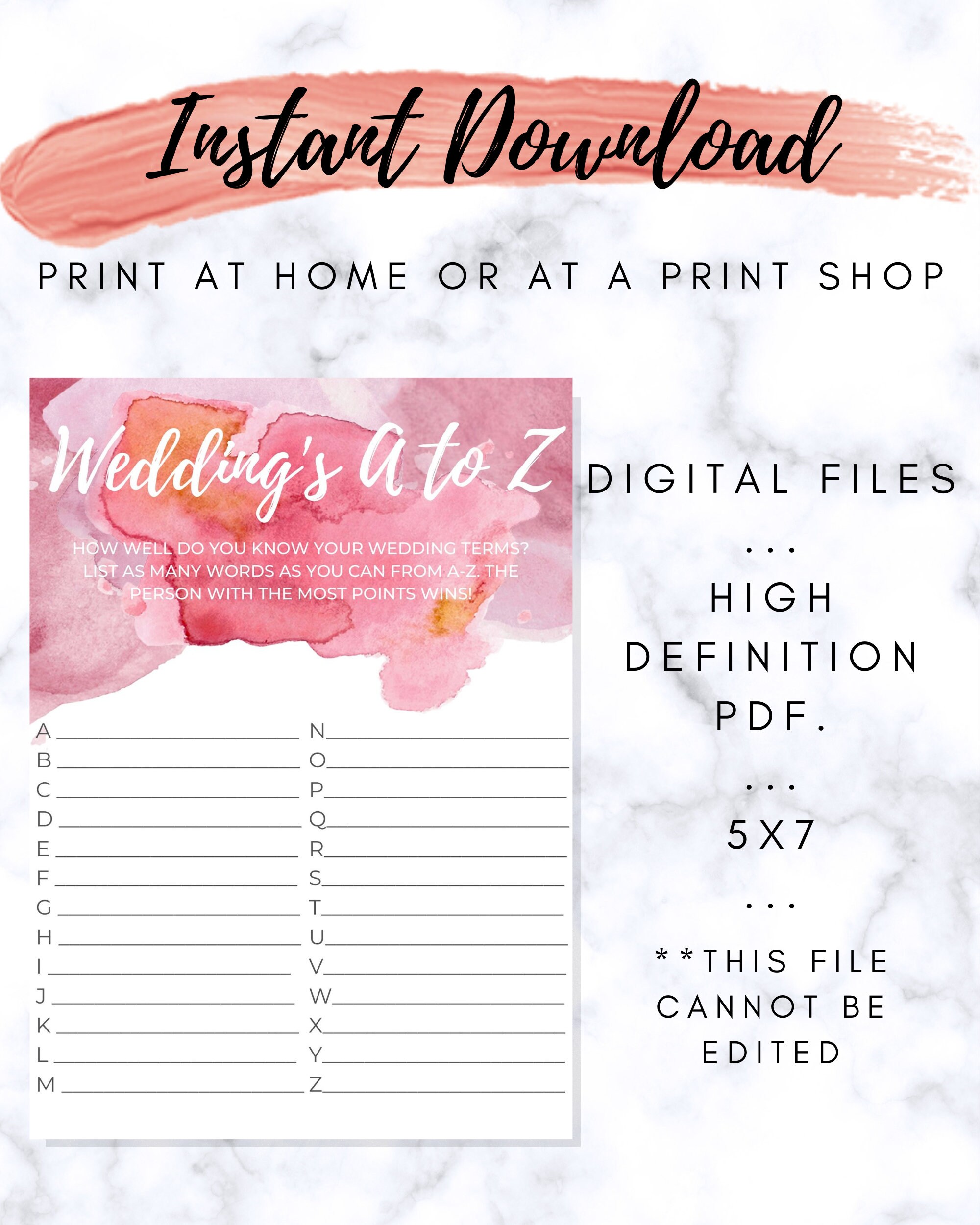 Weddings A to Z Bridal Shower Game Instant Download Bridal Etsy