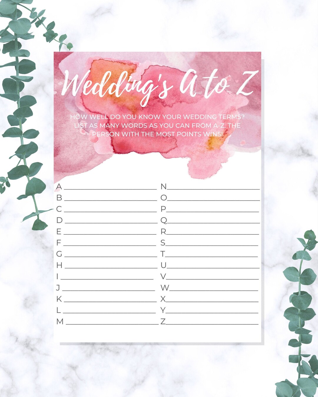 Weddings A to Z Bridal Shower Game Instant Download Bridal Etsy