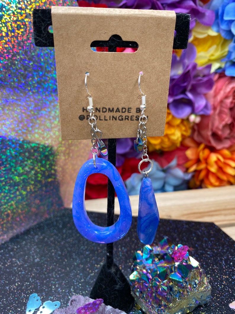 Mismatch Purple /& Blue Galaxy Inspired Hand-Poured Drop Dangle Resin Earrings