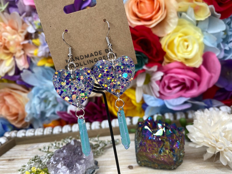 Handmade Resin Earrings Stoner Babe Cotton Candy Blue Sparkle Heart Shaped 420 Joint