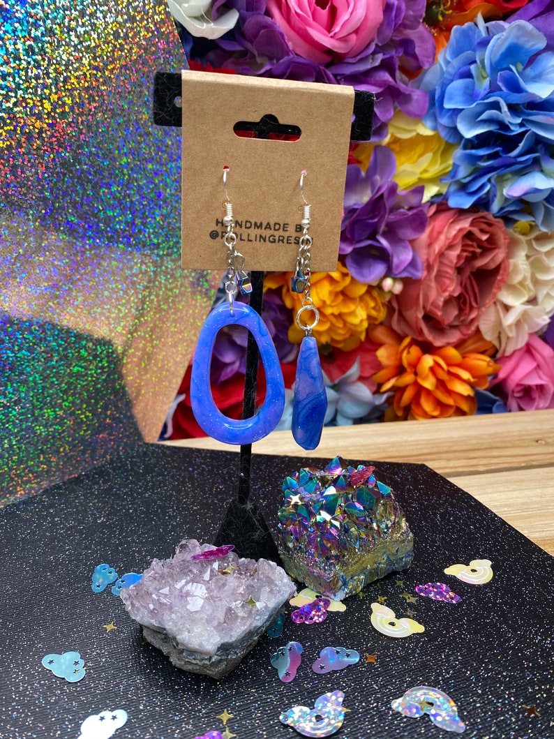 Mismatch Purple /& Blue Galaxy Inspired Hand-Poured Drop Dangle Resin Earrings