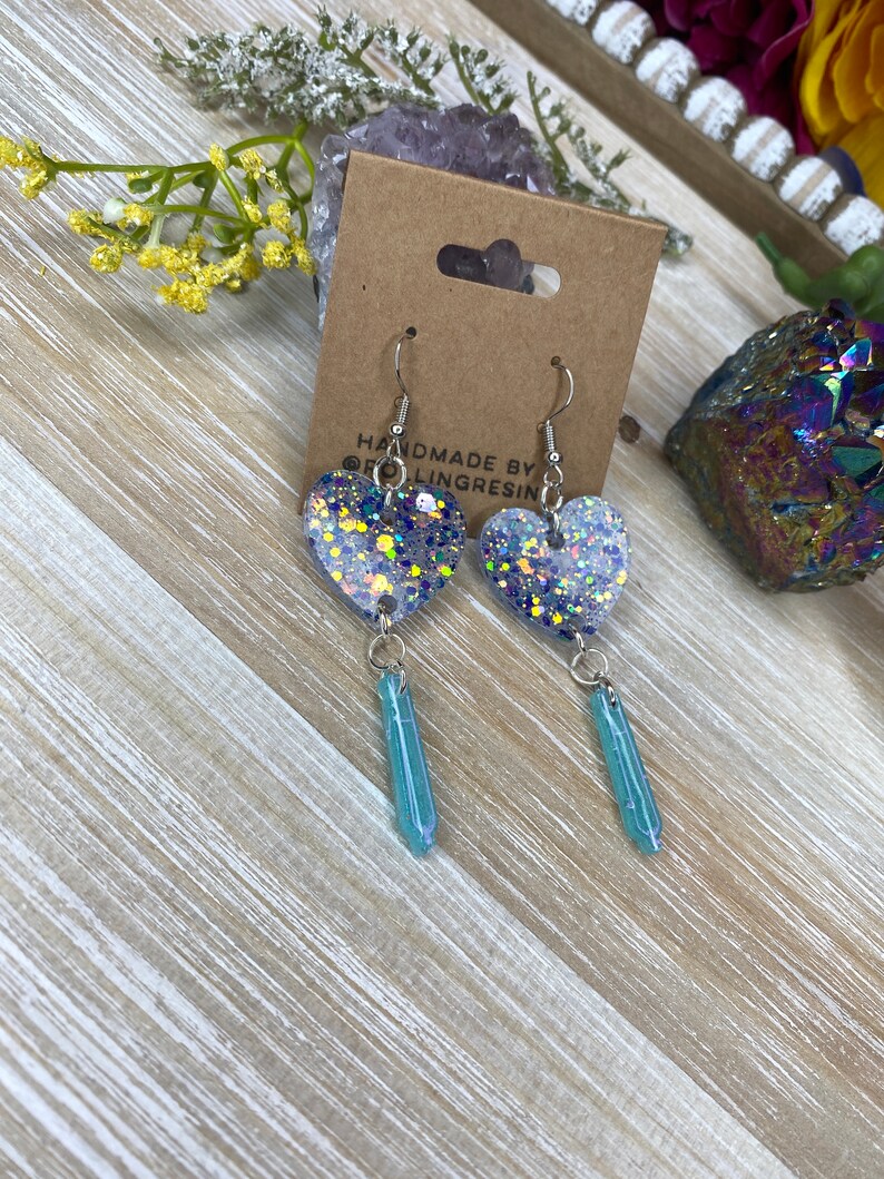 Handmade Resin Earrings Stoner Babe Cotton Candy Blue Sparkle Heart Shaped 420 Joint