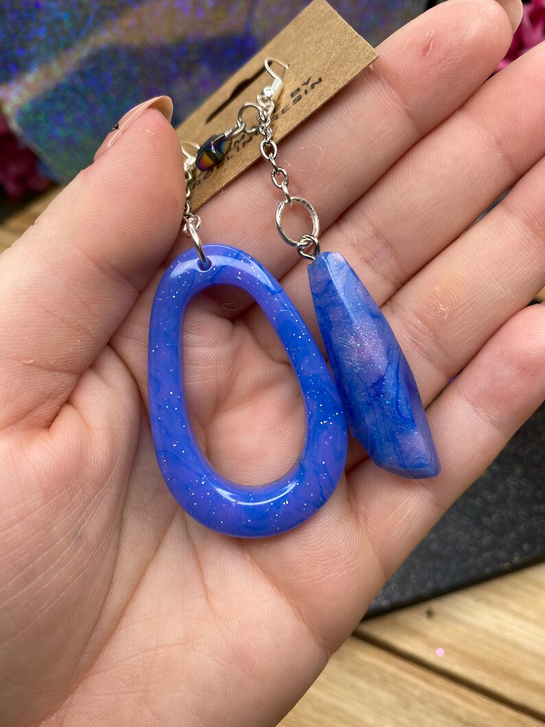 Mismatch Purple /& Blue Galaxy Inspired Hand-Poured Drop Dangle Resin Earrings