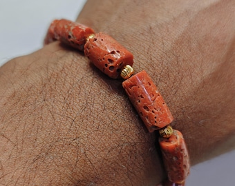 Vintage Italian Red Coral Tube Bead Stretch Brass Bracelet, Genuine Gemstone Jewelry