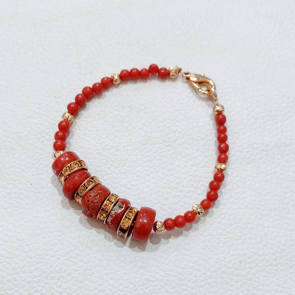 Bracelet de perles de corail naturel italien Bracelet de perles de corail rouge Bracelet de perles de charme fait main de corail rouge Bracelet de perles lisses de corail