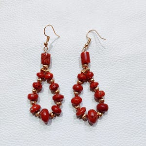 Handmade Red Coral Brass Earrings: Natural Gemstone Jewelry