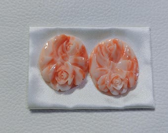 Matching Pair Carved Coral Charms: Japanese Flower Gemstones