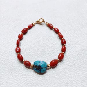 Beautiful ! 100% Natural Turquoise-Coral Bracelet, Turquoise-Coral Bracelet, Turquoise-Coral Handmade Bracelet, Best Smooth Beads Bracelet,