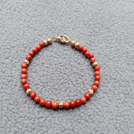 Bracelet En Corail Rouge Naturel D'Italie - Perles Rondes Fait Main - Laiton - Longueur 7 Pouces (environ 17.8 Cm) - Neuf Sans Emballage