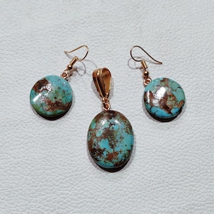Natural Turquoise Pendant and Earrings Set: Brass Jewelry Gift
