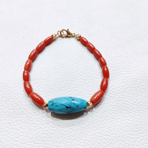 Beautiful ! 100% Natural Turquoise-Coral Bracelet, Turquoise-Coral Bracelet, Turquoise-Coral Handmade Bracelet, Best Smooth Beads Bracelet,
