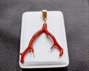 Natural Orange Italian Coral Branch Pendant: Handmade Brass Jewelry