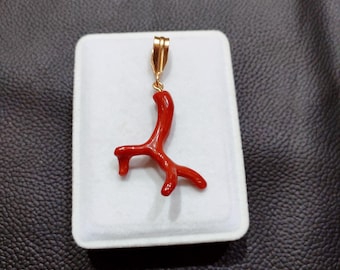 Red Coral Branch Pendant: Gold Brass, Natural Gemstone (37x29mm, 18 Carat Approx.)