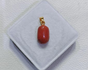 Natural Italian Red Coral Oval Cabochon Brass Pendant | Handmade Mediterranean Coral Jewelry
