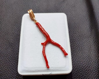 Natural Red Coral Branch Pendant: Gold Brass Gemstone, 17 Carat