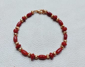 Pulseira artesanal de latão com contas de coral vermelho italiano natural, joia com pedras preciosas, presente perfeito.
