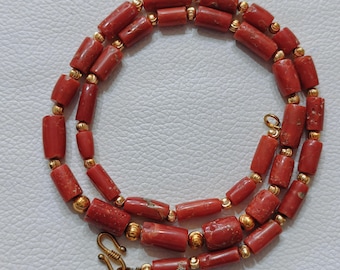 Natural Italian Red Coral Bead Necklace, Brass Hook, Vintage Boho Statement Jewelry
