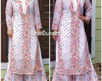 Sunmer special Lukhnowi/Chikankari Multicolour threadwork Hand Embroidered Kurti Sharara set Pakistani Indian Ethinic Wear Festivewear Dress