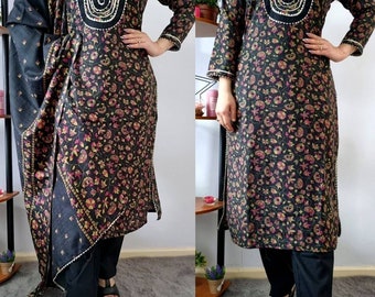 Pashmina Floral Kani Printed warm Winter wear salwar suit with matching Shawl and Gota Detailing Pakistani Indian Ethinic Wear Eid Special