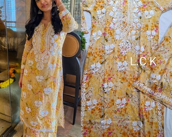 LightWeight Handcrafted Chikankari Mulmul cotton printed kurta plazzo set Asian Ethnicwear Festivewear dress Salwaar Kameez summer special